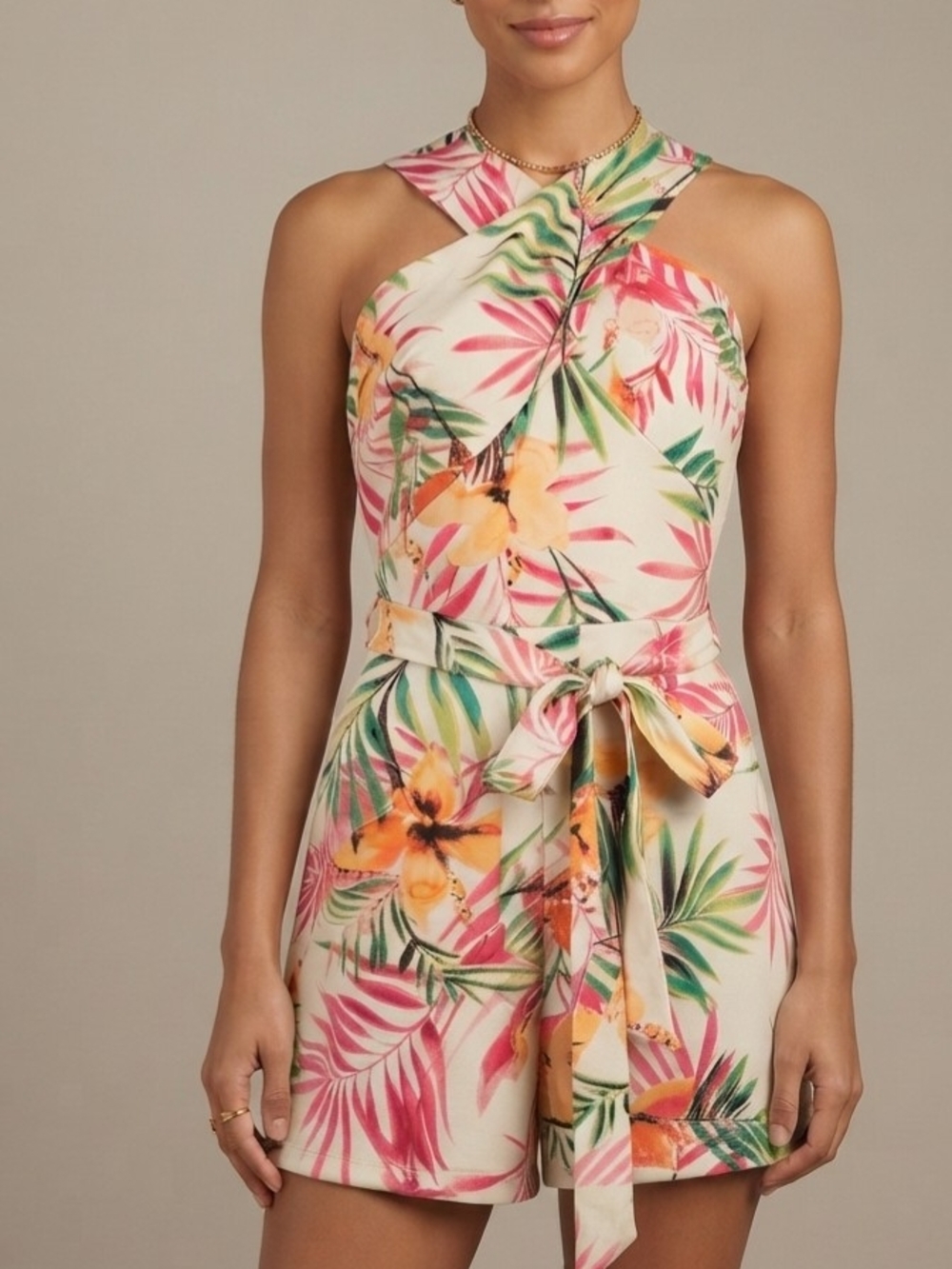 New York & Company Tropical  Floral Halter Tie-Waist Jumpsuit M